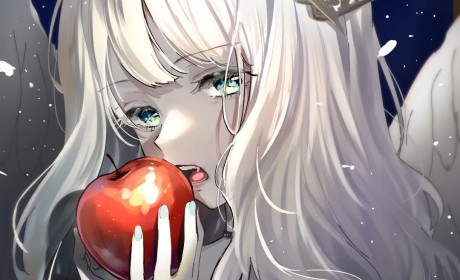 P站画师ぽむ的插画作品，少女吃苹果的姿势太美了！